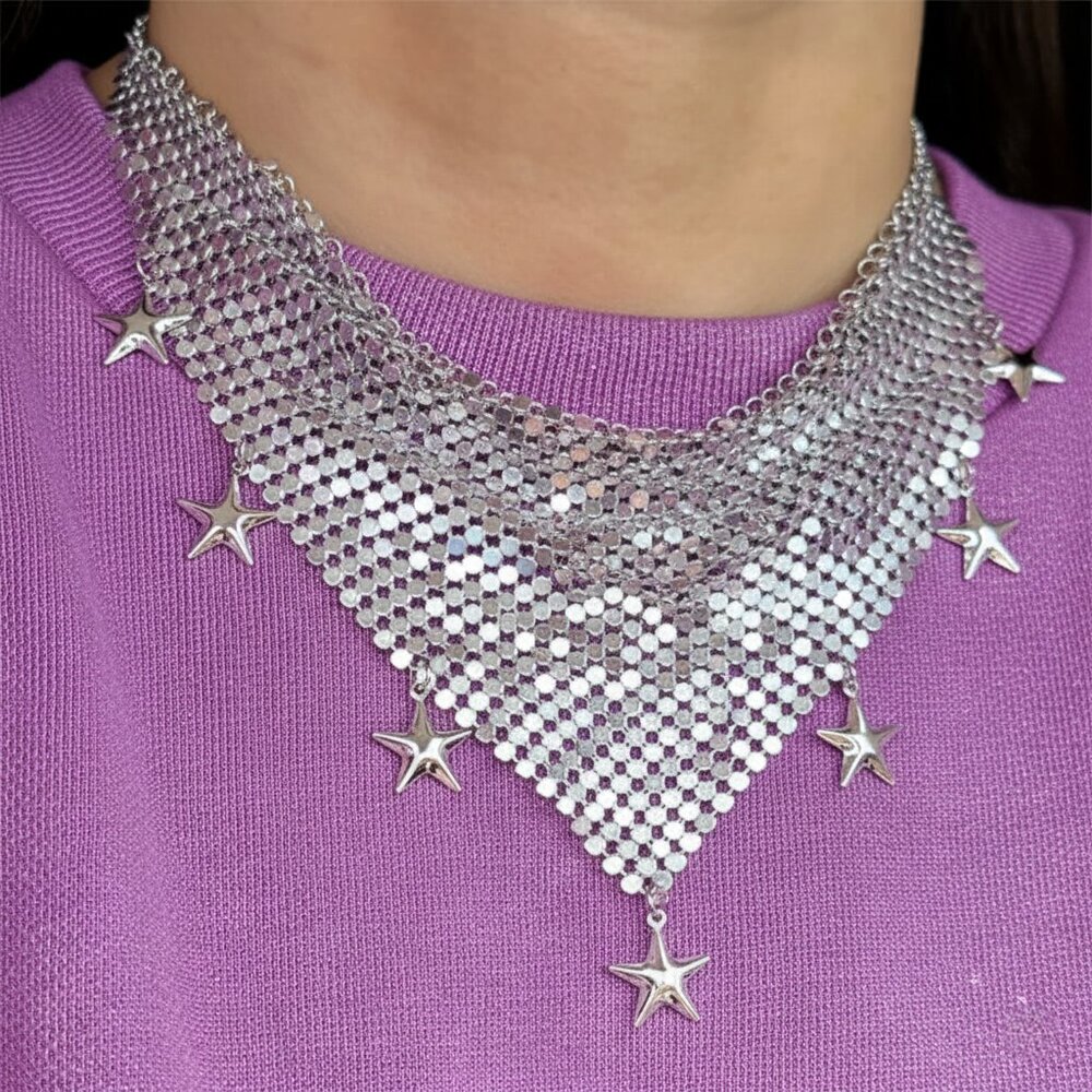 Y2K Neckerchief Star Bandana Sparkle Bling Scarf Statement Choker Necklace NWOT - Picture 4 of 9
